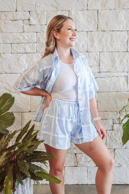 Soleil Button Up Shirt and Shorts Set- Light Blue / White- Women’s | By Frankie