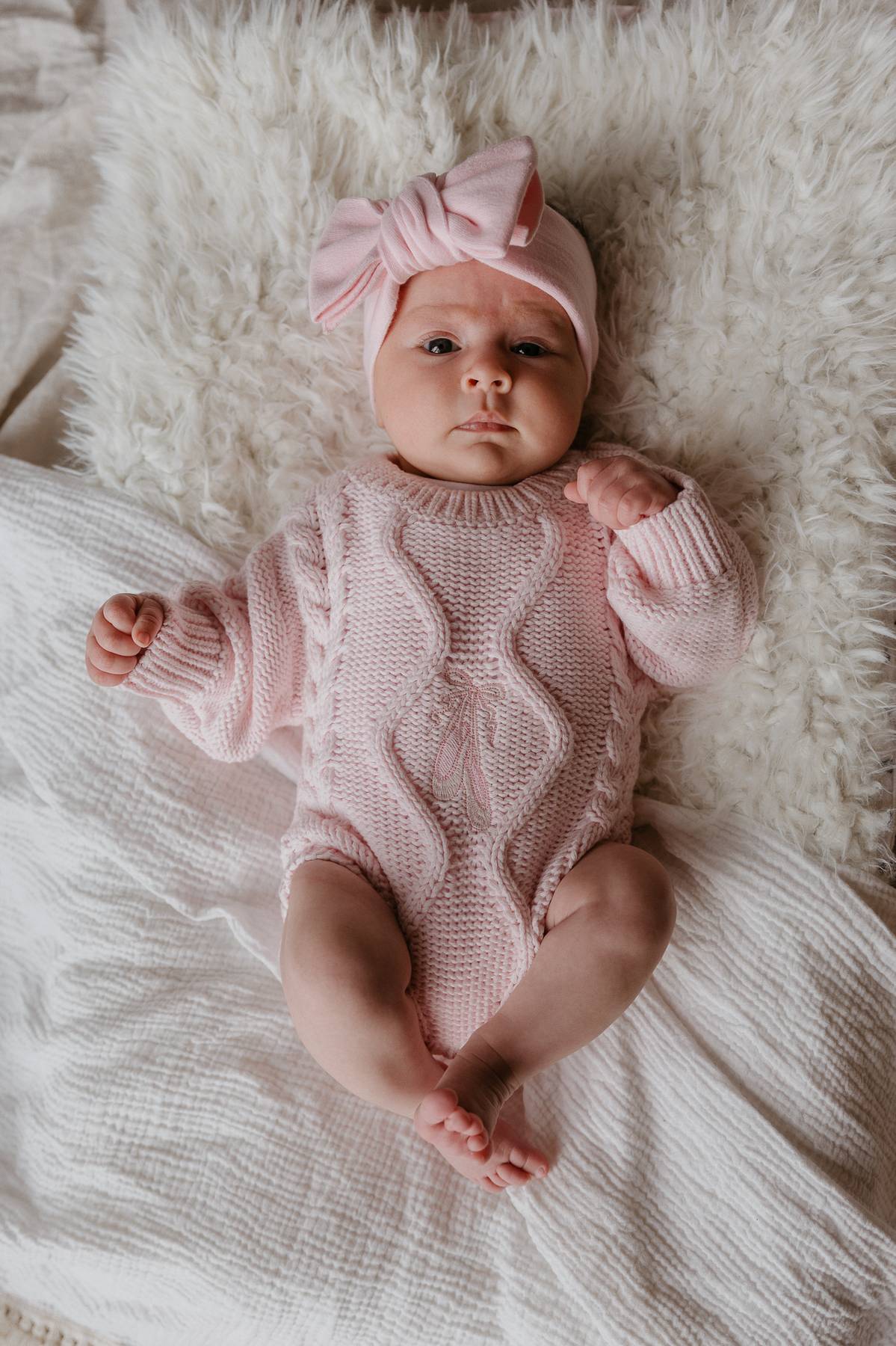 Baby Knitwear Pink Knitted Romper Chunky Cable Knit Romper Ballerina