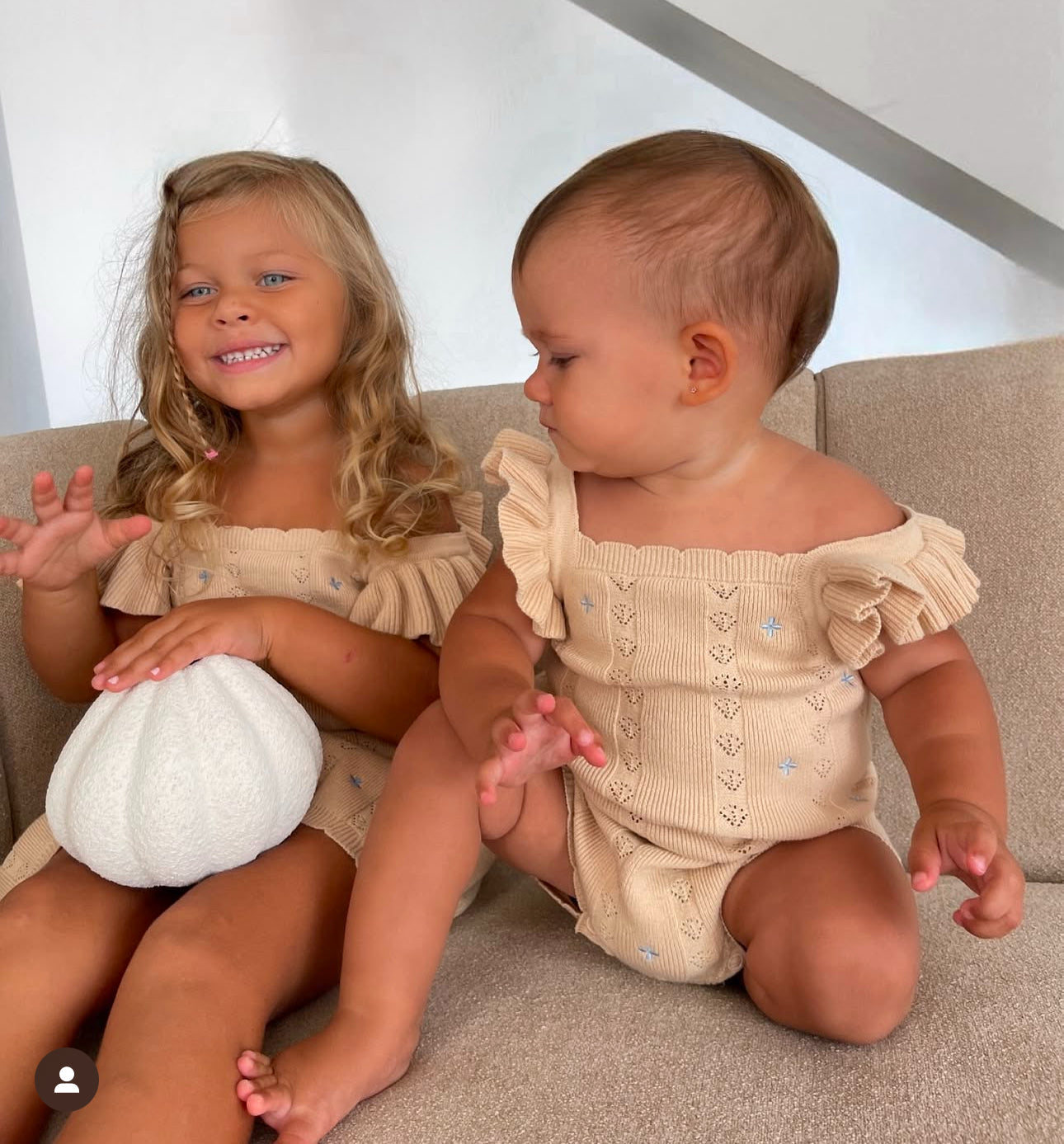 Sienna Ruffle Knit Pointelle Romper | Coastal Beige | WYLDE. Wylde. Clothing for Kids