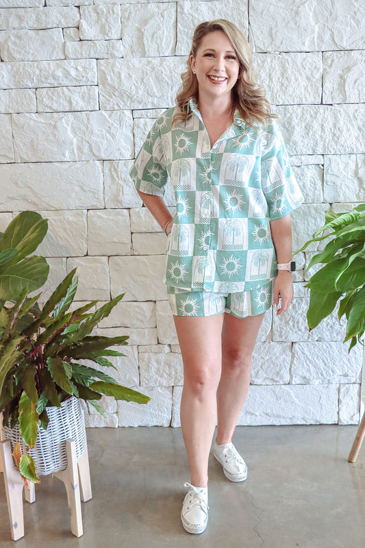 Sage Sun and Palm Check- Women's Button Up Shirt and Shorts Set  | By Frankie
