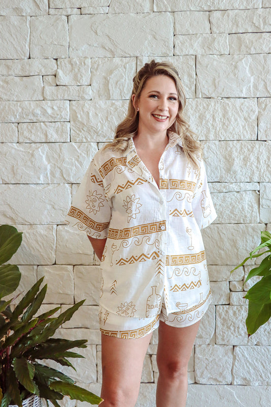 Greek Tequila Button Up Shirt and Shorts Set- White/ Tan- Women’s  | By Frankie