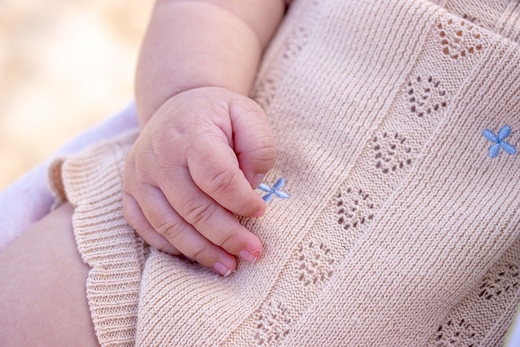 Sienna Ruffle Knit Pointelle Romper | Coastal Beige | WYLDE. Wylde. Clothing for Kids