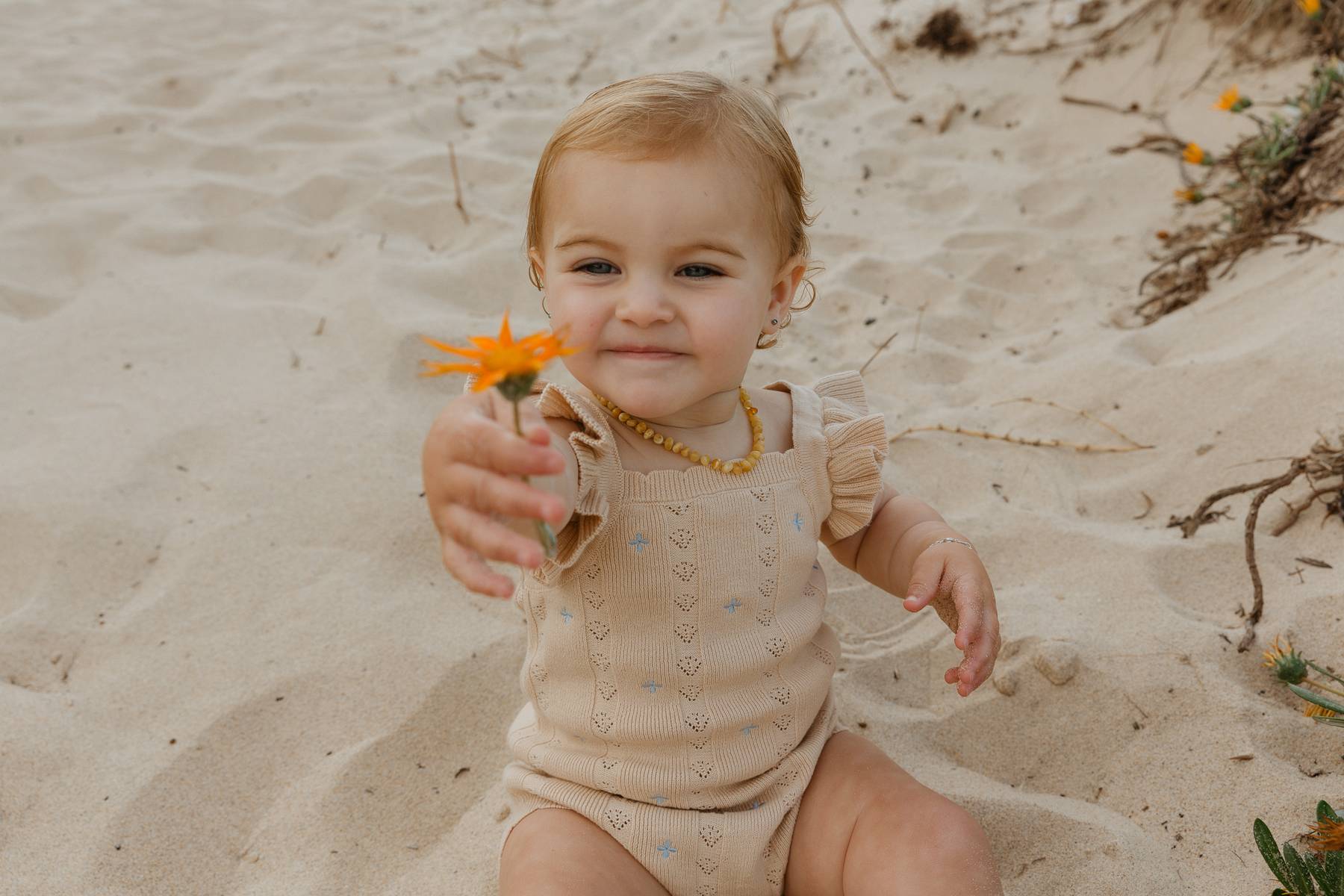 Sienna Ruffle Knit Pointelle Romper | Coastal Beige | WYLDE. Wylde. Clothing for Kids