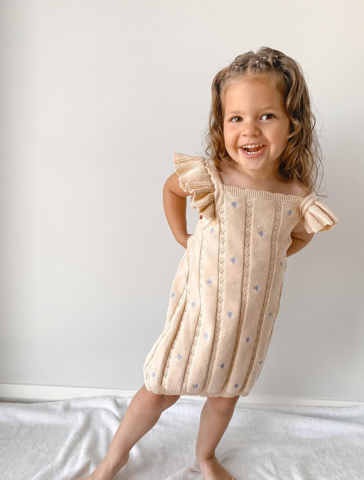 NEW Della Ruffle Knit Pointelle Dress | Coastal Beige | WYLDE. Wylde. Clothing for Kids