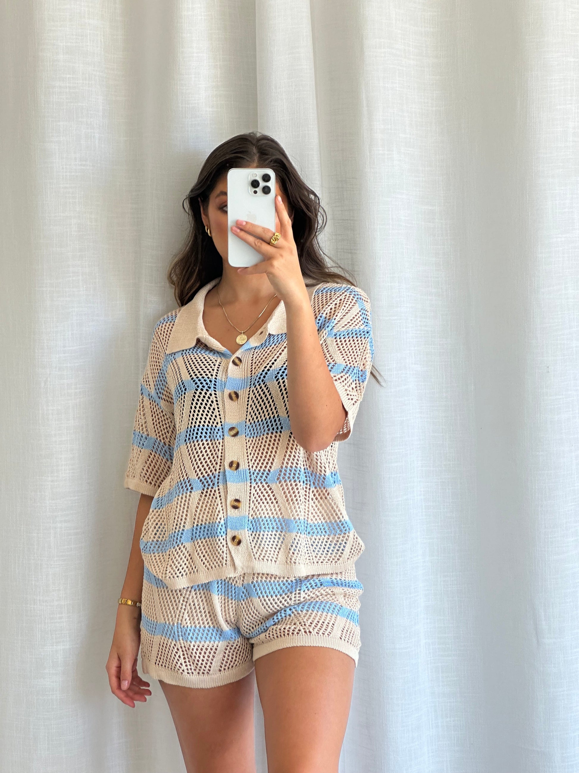 **Faulty** Coast Knit Shirt and Shorts Set- Beige/ Blue - Women’s  | By Frankie wyldeclothing