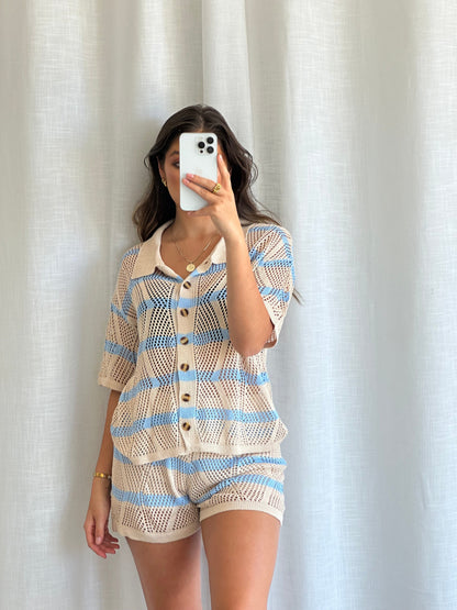 **Faulty** Coast Knit Shirt and Shorts Set- Beige/ Blue - Women’s  | By Frankie wyldeclothing