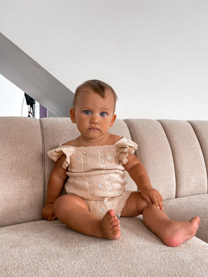Sienna Ruffle Knit Pointelle Romper | Coastal Beige | WYLDE. Wylde. Clothing for Kids