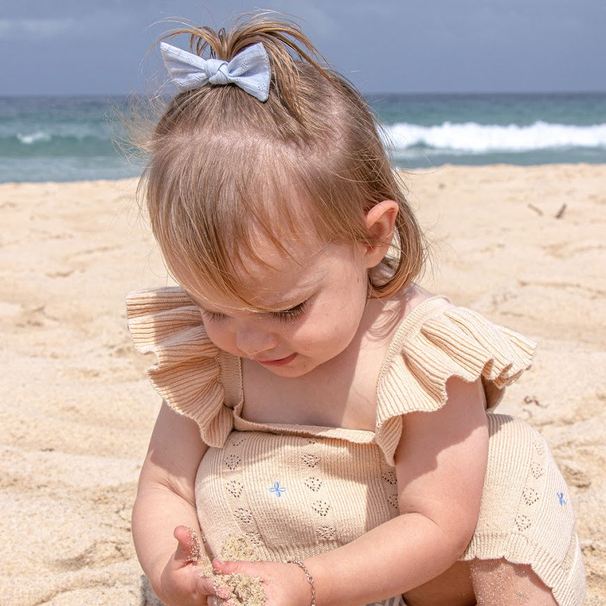 NEW Della Ruffle Knit Pointelle Dress | Coastal Beige | WYLDE. Wylde. Clothing for Kids