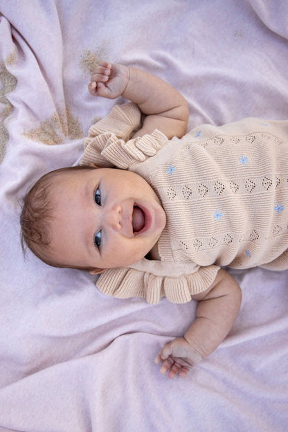 Sienna Ruffle Knit Pointelle Romper | Coastal Beige | WYLDE. Wylde. Clothing for Kids