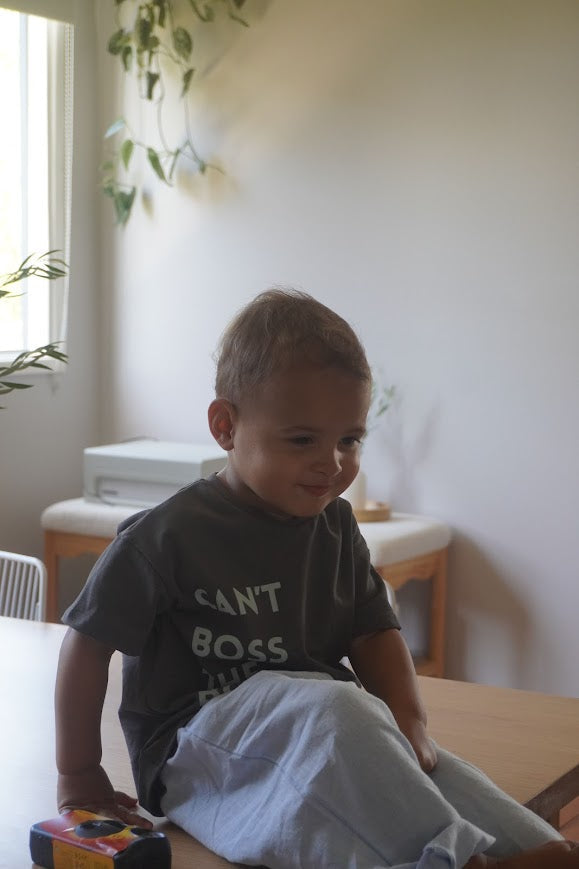 Can't Boss The Boss Tee | Light Blue on Charcoal | WYLDE. Wylde. Clothing for Kids