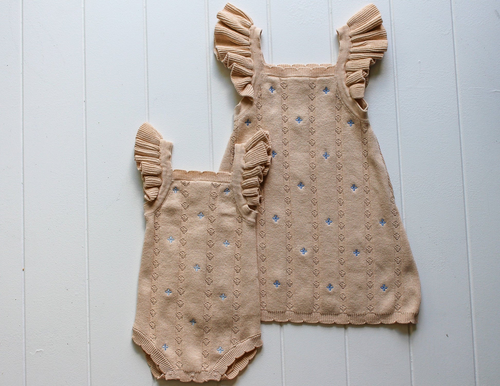 NEW Della Ruffle Knit Pointelle Dress | Coastal Beige | WYLDE. Wylde. Clothing for Kids