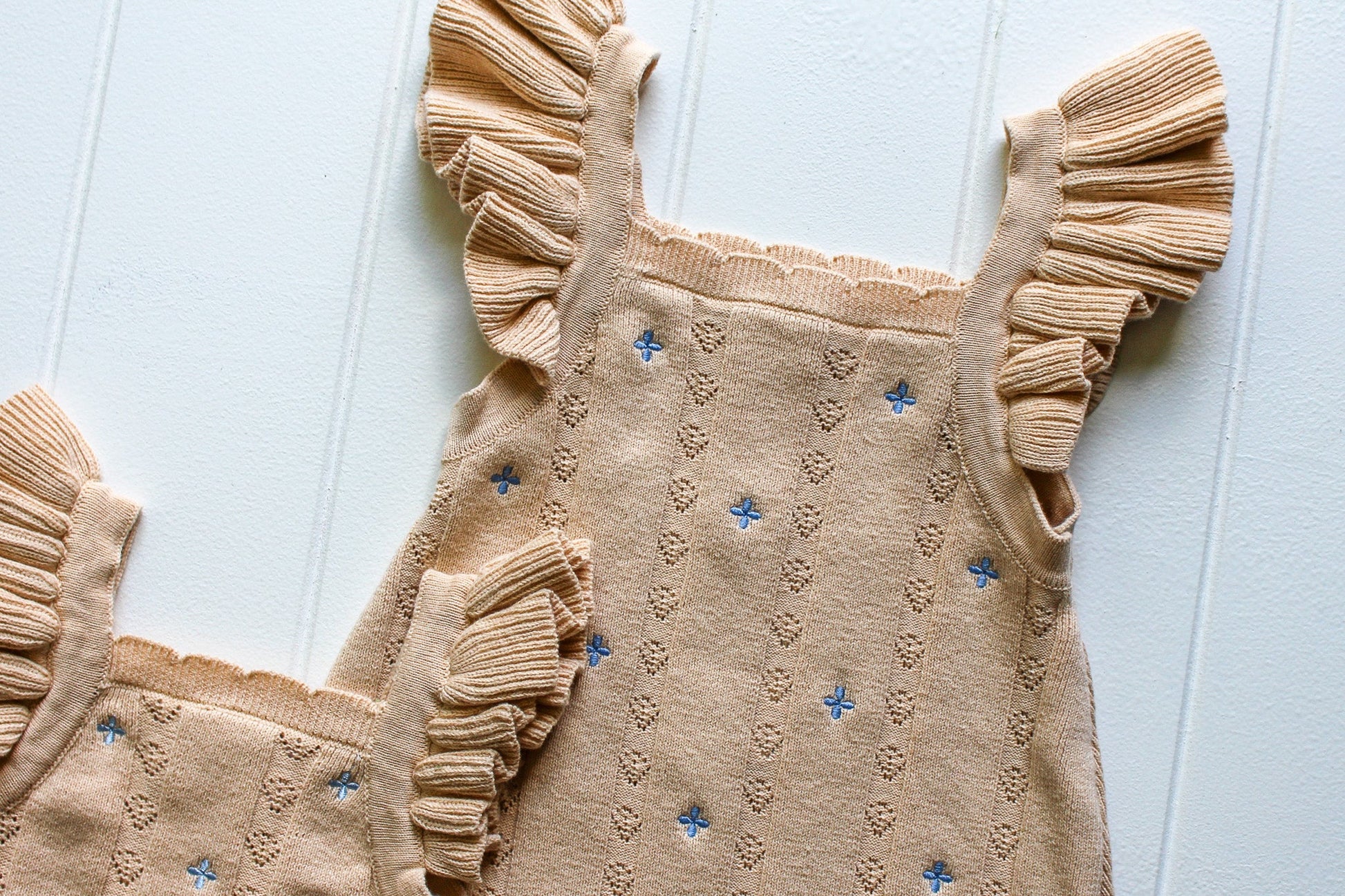 NEW Della Ruffle Knit Pointelle Dress | Coastal Beige | WYLDE. Wylde. Clothing for Kids