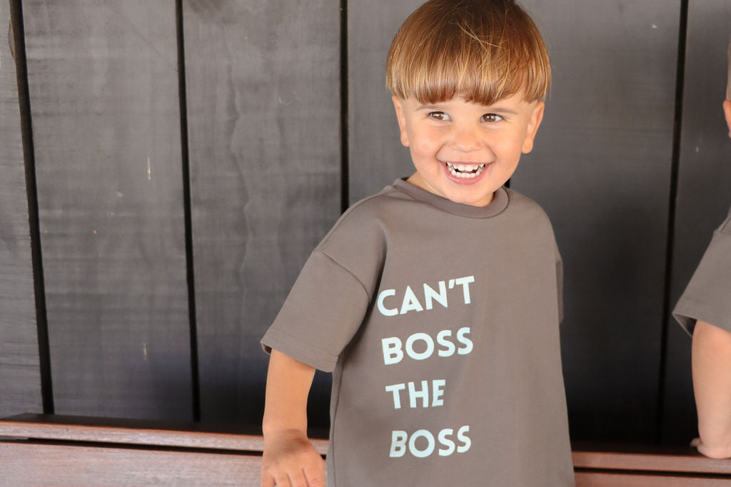 Can't Boss The Boss Tee | Light Blue on Charcoal | WYLDE. Wylde. Clothing for Kids