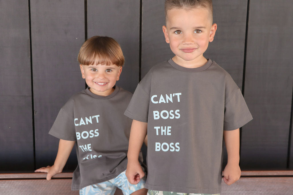 Can't Boss The Boss Tee | Light Blue on Charcoal | WYLDE. Wylde. Clothing for Kids