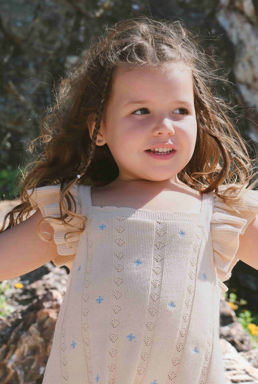 NEW Della Ruffle Knit Pointelle Dress | Coastal Beige | WYLDE. Wylde. Clothing for Kids