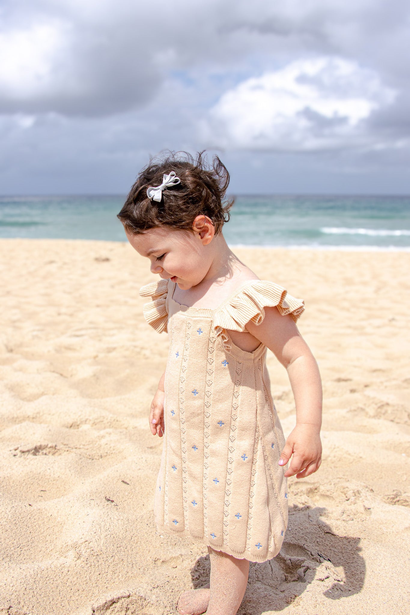 ruffle knit pointelle girls dress with embroidery