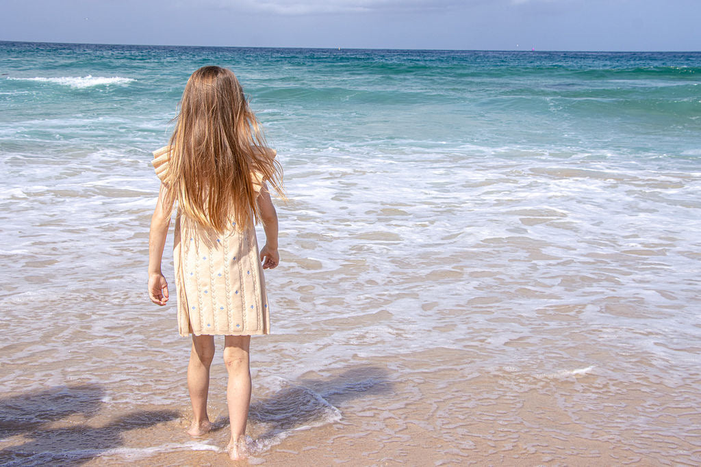 NEW Della Ruffle Knit Pointelle Dress | Coastal Beige | WYLDE. Wylde. Clothing for Kids
